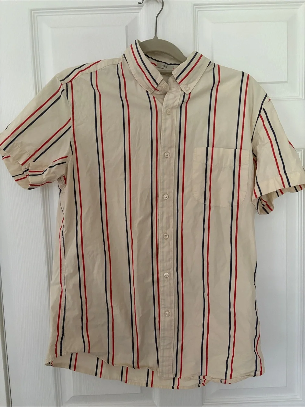 J. Crew Cream Short-Sleeve Button-Down with Red & Navy Stripes Organic Cotton